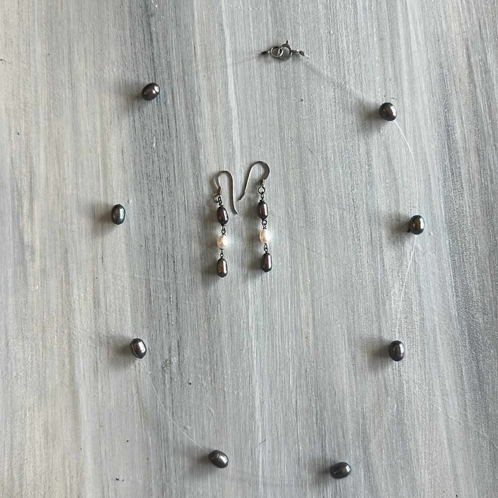 Delicate Fresh Water Grey Pearl Necklace with Dangling Grey & White Earrings